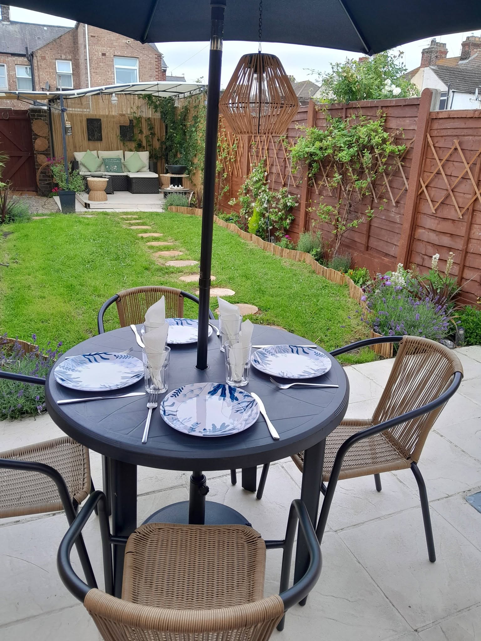 Outdoor patio dining setup in the garden retreat